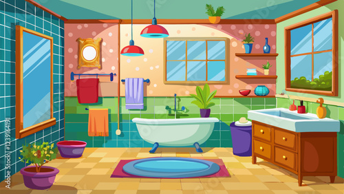 Illustration of a colorful bathroom with a bathtub, sink, mirrors, and potted plants, creating a cozy and vibrant atmosphere with natural light