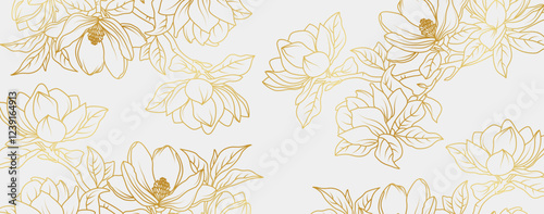 Luxury gold magnolia flowers background. Floral pattern tropical in line art style for greeting, invitation, wedding card, wall art, wallpaper and print. Vector illustration