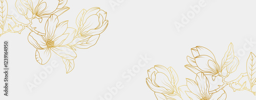Luxury gold magnolia flowers background. Floral pattern tropical in line art style for greeting, invitation, wedding card, wall art, wallpaper and print. Vector illustration