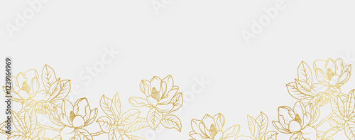 Luxury gold magnolia flowers background. Floral pattern tropical in line art style for greeting, invitation, wedding card, wall art, wallpaper and print. Vector illustration