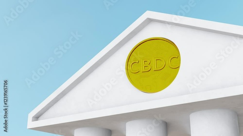Gold Dollar coin rotate on roof gable of bank. 3D illustration, render. CBDC - Central bank digital currency, Online Internet Banking concept.