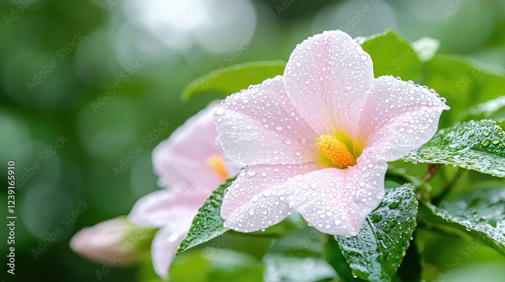Pink flower, rain drops, green bokeh background, garden scene, nature photography Pink flower, rain drops, green bokeh background, garden scene, nature photography