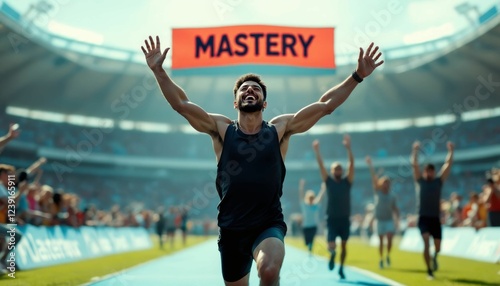 Triumphant athlete crossing finish line under 'Mastery' banner with elated crowd