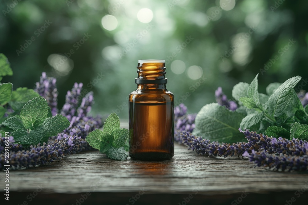 Essential oil bottles placed on a rustic wooden table, surrounded by fresh lavender, mint, and eucalyptus leaves, with soft diffused light, copy space background Essential oil bottles placed on a rustic wooden table, surrounded by fresh lavender, mint, and eucalyptus leaves, with soft diffused light, copy space background