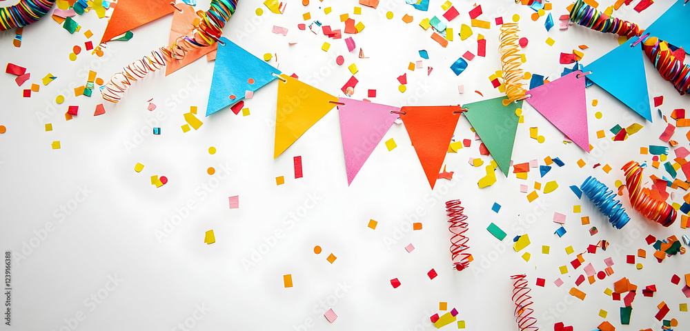 Fototapeta premium A festive birthday banner with colorful flags, confetti, and streamers, perfect for a lively celebration on a white background.