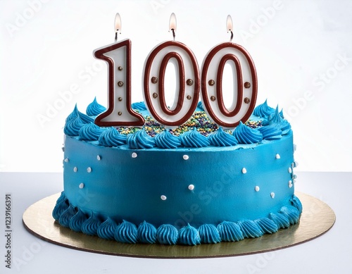 Decorated blue cake for birthday or anniversary party, candle number 100, white background photo