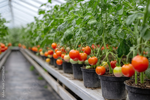 Tomatoes growing in pots in a greenhouse