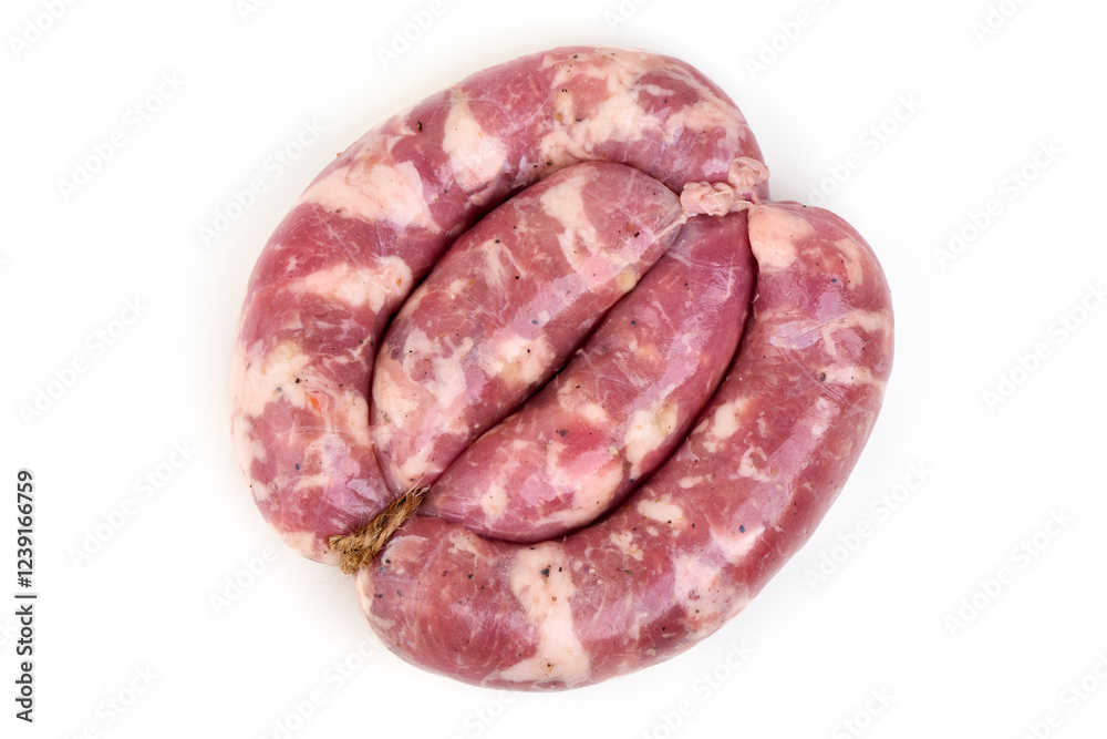 Obraz premium Raw Chopped Meat Sausages Isolated on White Background.