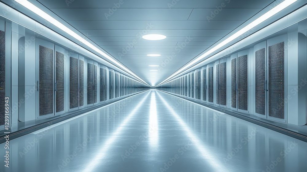 Fototapeta premium Futuristic corridor with illuminated ceiling and storage units, reflecting a high-tech environment