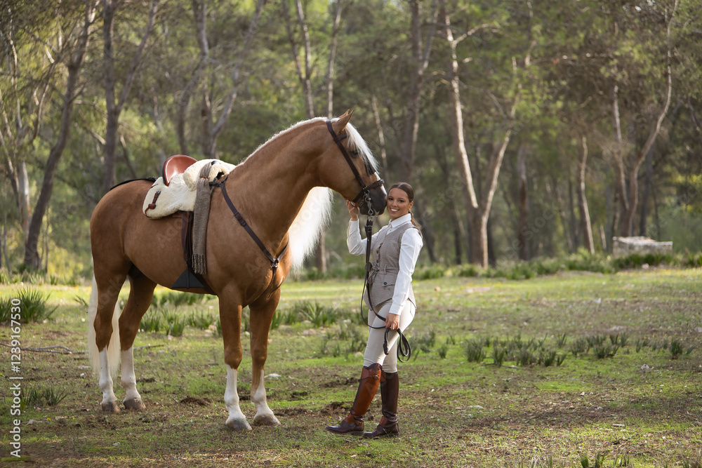 Young woman dressed as a horsewoman, smiling and happy looking at camera next to her beautiful brown horse with white mane, in the middle of a forest. Concept animals, horse riding, equestrian, horse, Young woman dressed as a horsewoman, smiling and happy looking at camera next to her beautiful brown horse with white mane, in the middle of a forest. Concept animals, horse riding, equestrian, horse,