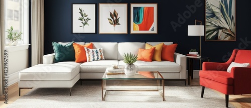 Modern living room setup featuring a cozy white sectional sofa, colorful cushions, stylish artworks, glass coffee table, and vibrant red armchair. Interior decor.