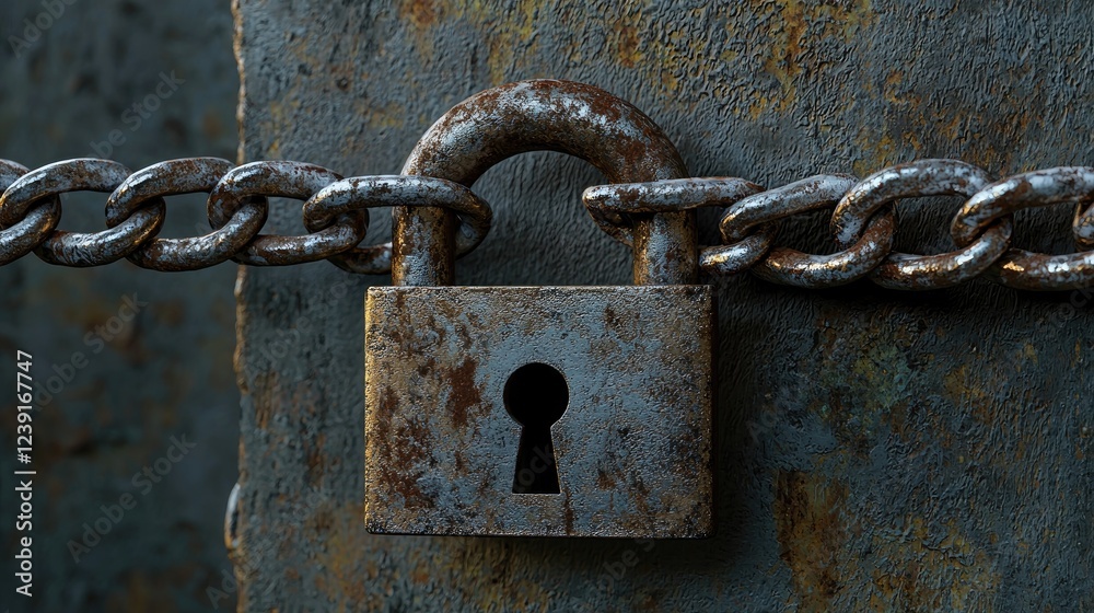 Rusty Padlock and Chain on Weathered Metal Rusty Padlock and Chain on Weathered Metal