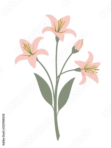 Soft pink lilies with a green stem and leaves, featuring three delicate blossoms with curved petals and prominent stamens.