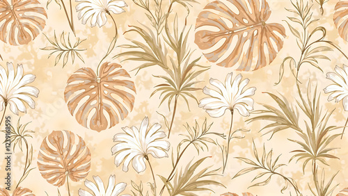 Tropical exotic seamless pattern. Pastel colorful monstera leaves, palm leaves. Hand-drawn vintage 3D illustration. Glamorous background design. For luxury wallpapers, cloth, fabric printing, goods

