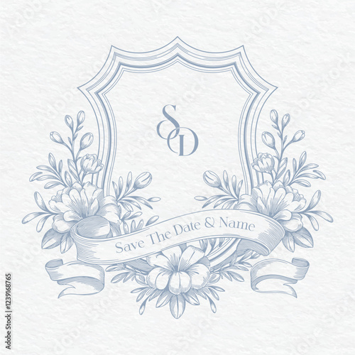 Wedding monogram with SD initials. Floral monogram crest design. Elegant wedding crest design.