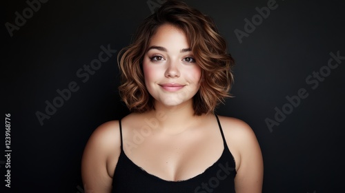 A young woman with wavy brown hair smiles gently