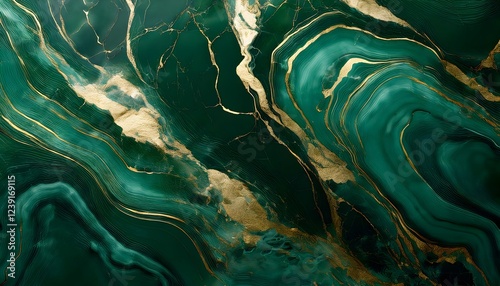 Abstract deep dark-green marble texture with gold splashes, emerald luxury background