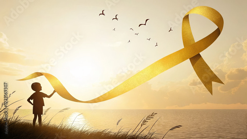 Child Holding a Golden Ribbon Symbolizing Childhood Cancer Awareness