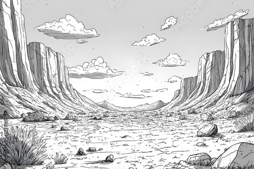 Desert Landscape: Monochrome Sketch of Rocky Mountains, Dry Valley, and Clouds in Arid Wilderness - An Artistic Illustration of Peaceful, Remote Nature Features and Vastness
