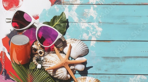 Colorful beach items with sunglasses and seashells. photo