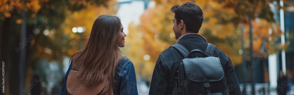 Fototapeta premium A couple walks amidst autumn foliage, capturing the essence of love and shared moments in nature.