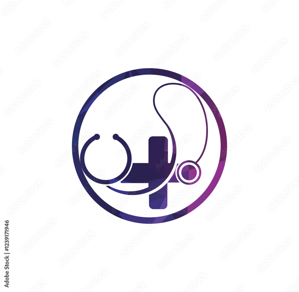 Medical care cross logo with stethoscope equipment around. Medical care cross logo with stethoscope equipment around.