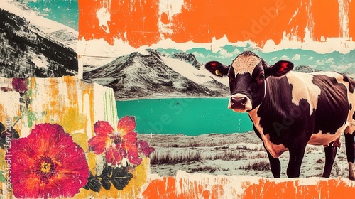 Cattle in a vibrant rural landscape with flowers. photo