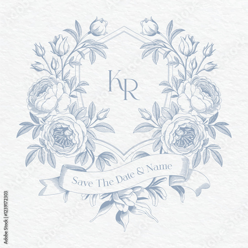 Wedding monogram with KR initials. Floral monogram crest design. Elegant wedding crest design.