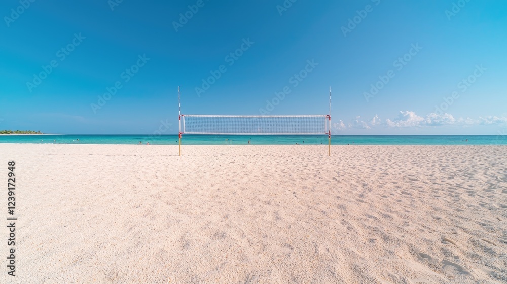 Beach volleyball net, turquoise sea, sunny day, relaxing vacation Beach volleyball net, turquoise sea, sunny day, relaxing vacation