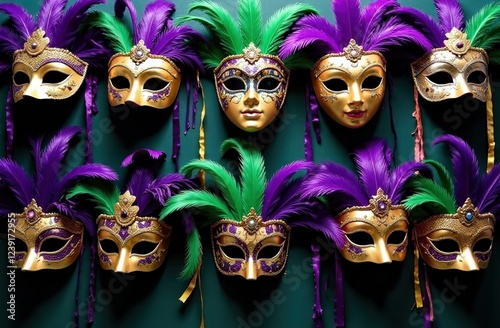 Wall adorned with a collection of Mardi Gras masks: feathered, sequined, and painted in purple, green, and gold photo