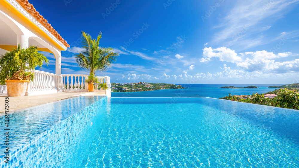 Obraz premium Luxurious villa by ocean with infinity pool and stunning view