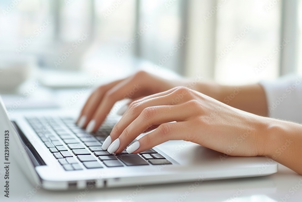 Hands typing on a laptop at a modern desk. Hands typing on a laptop at a modern desk.