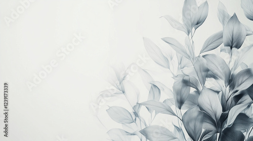 Wallpaper Mural White background botanical illustration in a minimalistic style, simple design, green leaves and floral composition. Wide landscape format 128:71 Torontodigital.ca