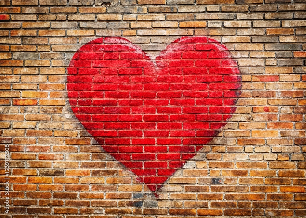 Red Heart Hand-Drawn on Grunge Brick Wall for Street Style Red Heart Hand-Drawn on Grunge Brick Wall for Street Style