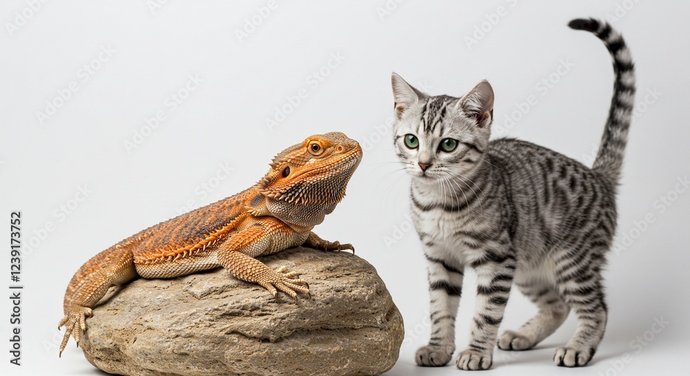 Naklejka premium Curious Cat and Bearded Dragon on Rock Pet Reptile and Feline Friends