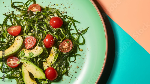 Light juicy vegetable salad with avocado. The concept of nutrition and healthy eating photo