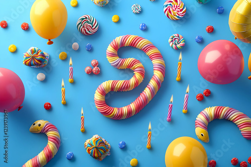 A top view of a birthday celebration scene featuring colorful serpentine, balloons, candles, and candies against a blue backdrop. photo