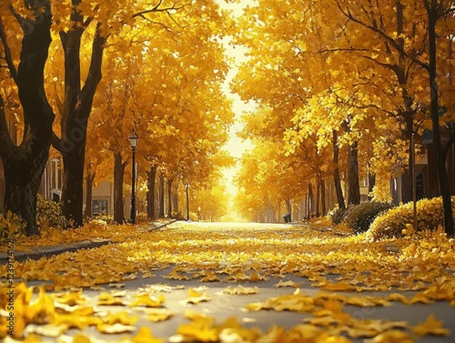 Autumn Street Scene with Golden Leaves in a Serene Park Morning Light photo