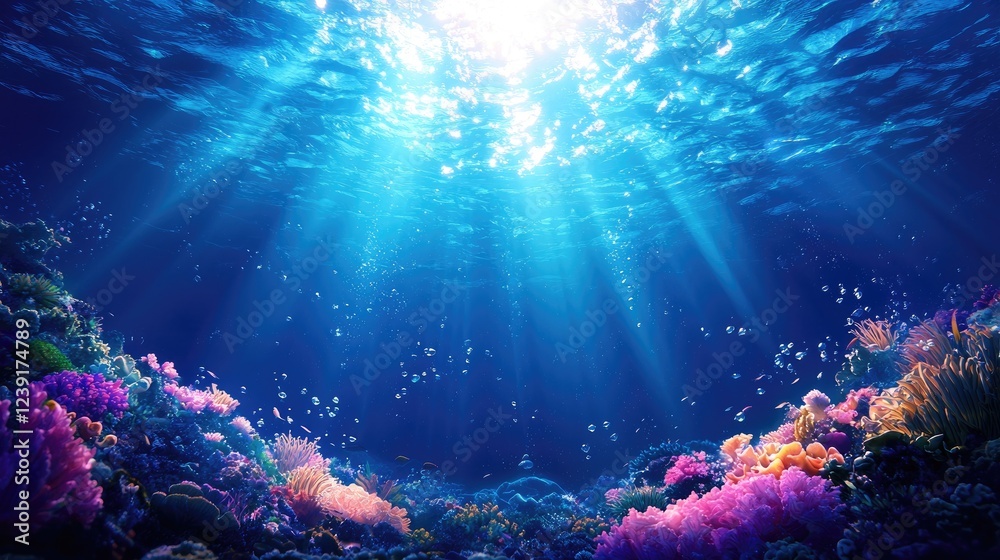 Fototapeta premium Vibrant Underwater Scene with Colorful Coral and Sunlight Rays