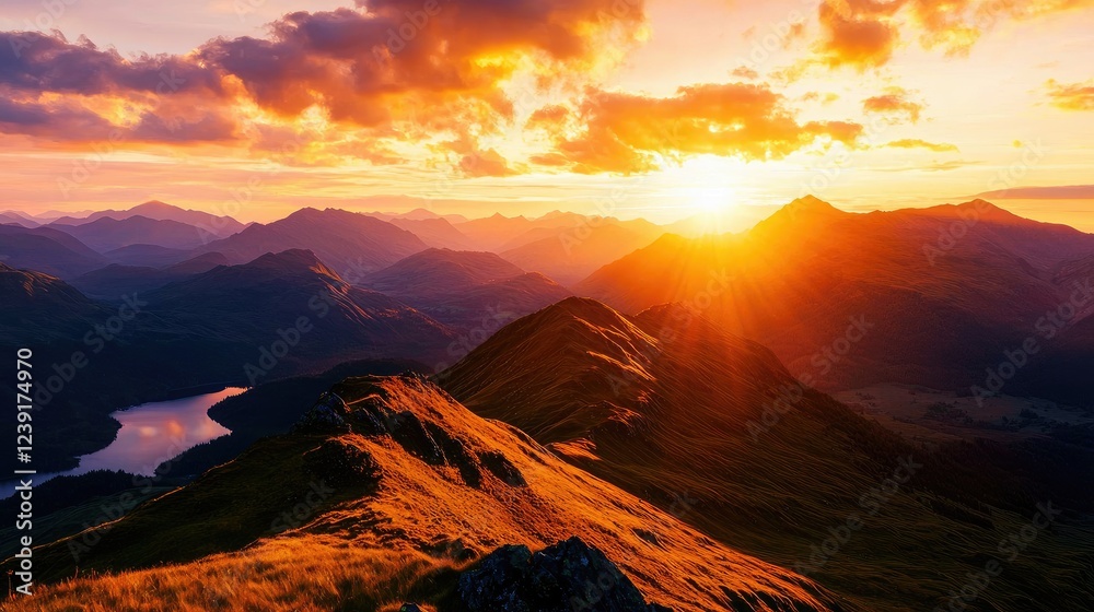 Obraz premium Majestic Sunrise Over Mountain Range With Clouds and Water Reflection