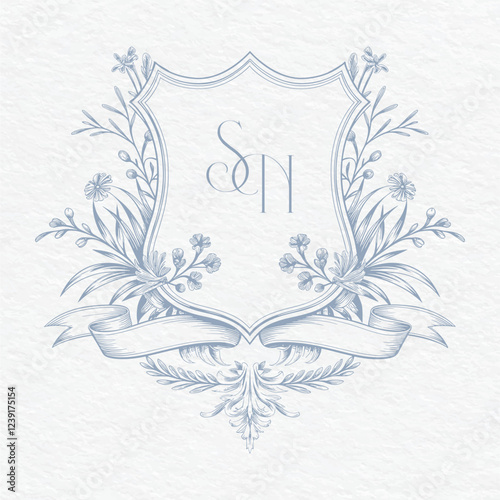 Wedding monogram with SN initials. Floral monogram crest design. Elegant wedding crest design.