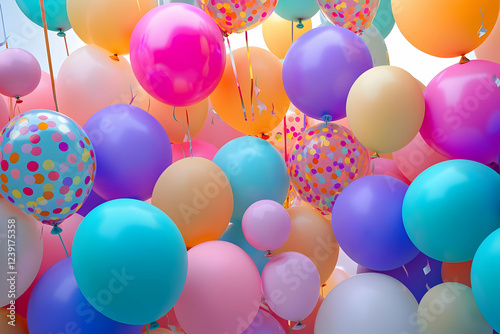 A vibrant birthday party background filled with an array of colorful balloons and festive decorations, perfect for a cheerful celebration. photo
