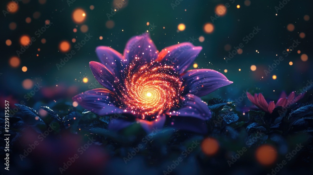 Fototapeta premium Magical Flower with Swirling Galaxy Light in Serene Garden Setting