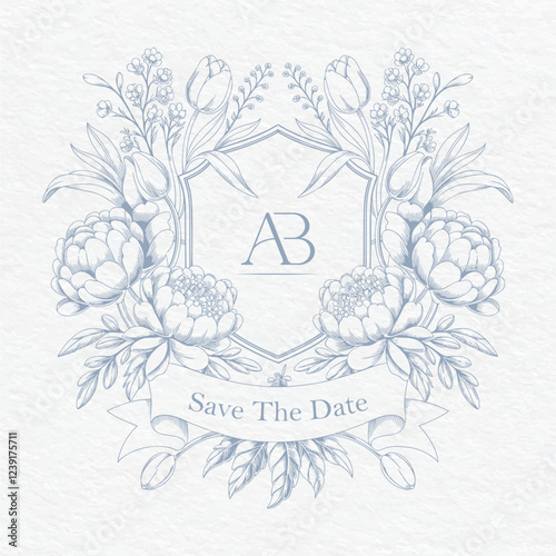 Wedding monogram with AB initials. Floral monogram crest design. Elegant wedding crest design.
