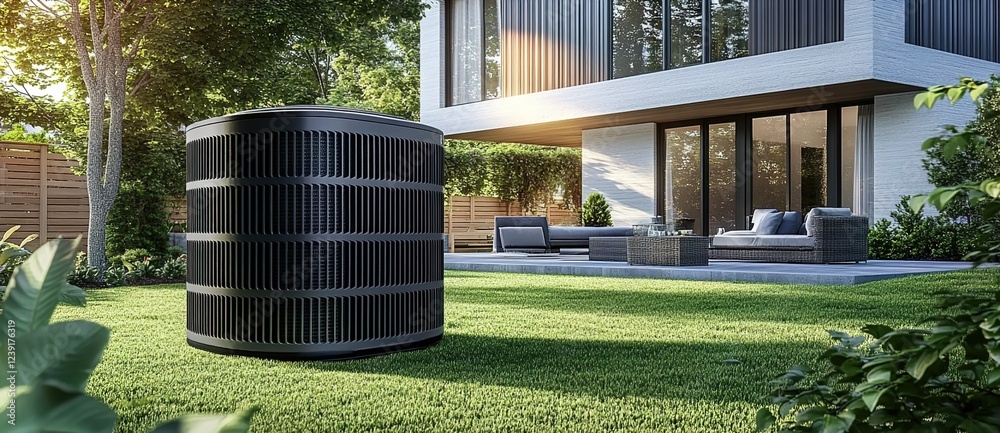 A sleek, modern air conditioning unit on the lawn of an energy-efficient home. A sleek, modern air conditioning unit on the lawn of an energy-efficient home.