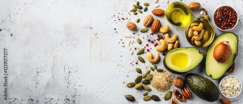 Healthy foods with avocado, nuts and seeds on grey background. Ideal for healthy eating blogs, cookery sites and social media sites dedicated to healthy eating. photo