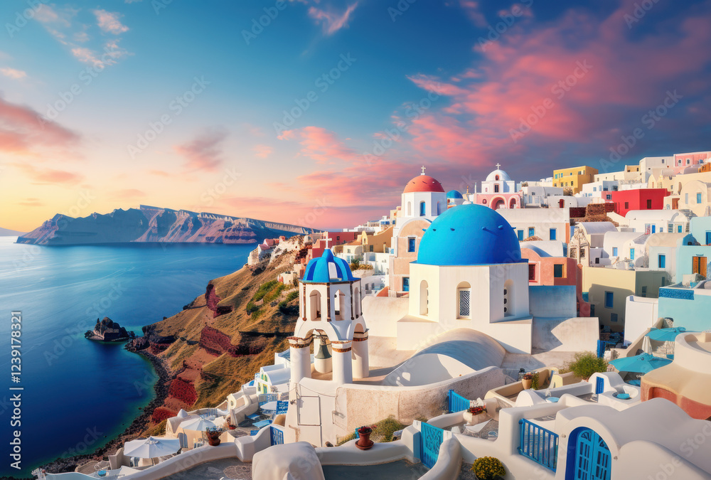 Fototapeta premium Stunning view of Santorini with blue domes, white buildings, and sunset