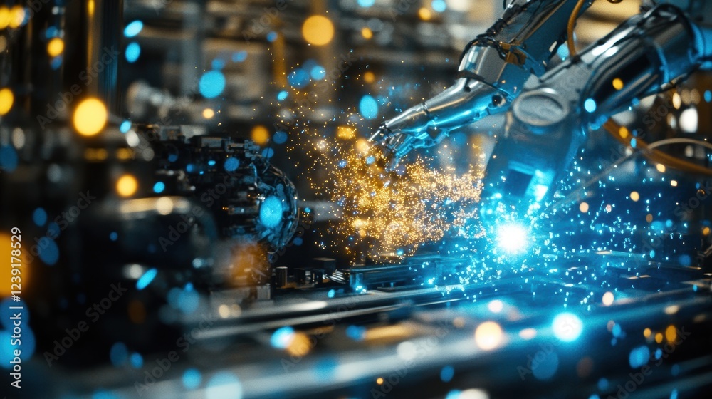 Two robotic arms are assembling an innovative product using advanced technology, surrounded by digital particles and blue and orange lights in a futuristic automated factory Two robotic arms are assembling an innovative product using advanced technology, surrounded by digital particles and blue and orange lights in a futuristic automated factory