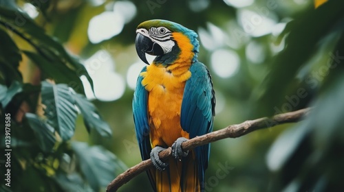 Blue-Gold Macaw perched on branch, lush rainforest background, wildlife photography