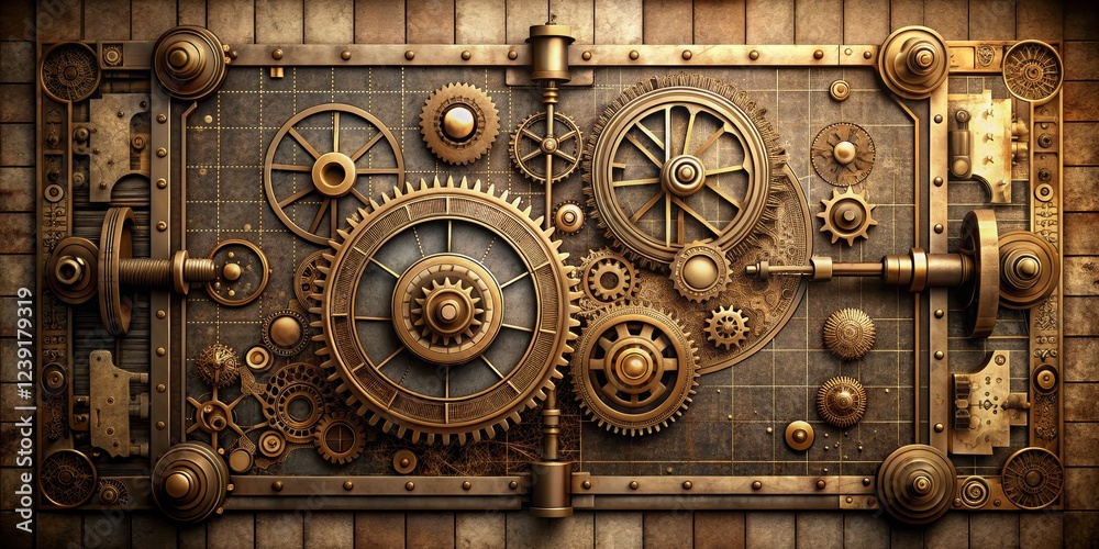Steampunk Clockwork Panel A Detailed Visualization of Intricate Gears and Mechanisms on a Grunge Background Steampunk Clockwork Panel A Detailed Visualization of Intricate Gears and Mechanisms on a Grunge Background